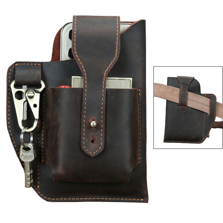 Geanta de Brau Tactica pentru Barbati din Piele Naturala de Vaca de Munte - Punga EDC si Telefon pentru Outdoor, Drumetii si Zilnic, Cafaniu