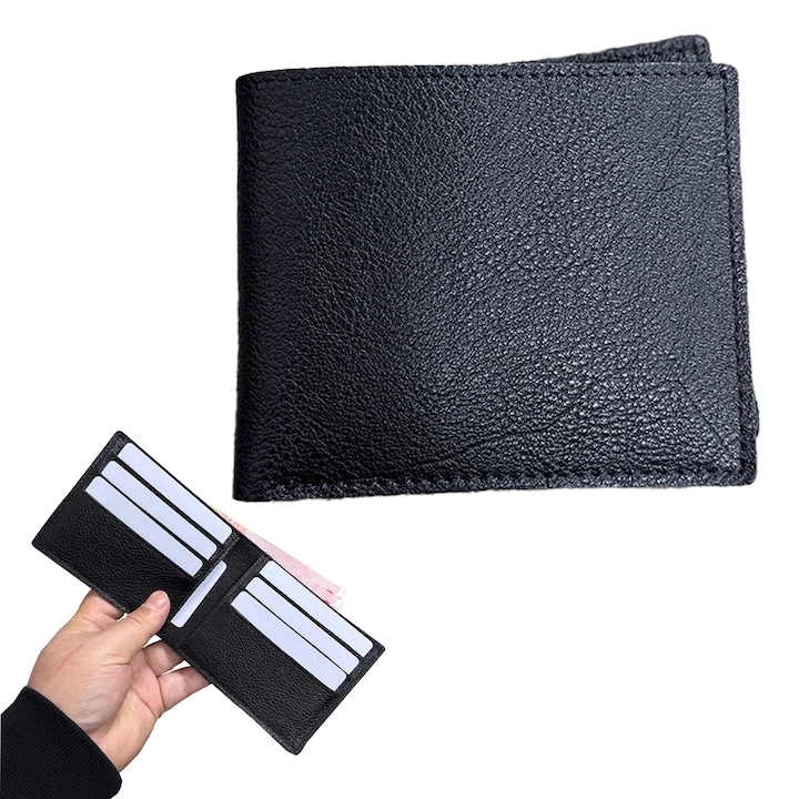 Portofel Barbatesc Negru din Piele Crazy Horse Model Horizontal Bifold Design Subtire 8 Bucati Portcarduri Portbani Durabil