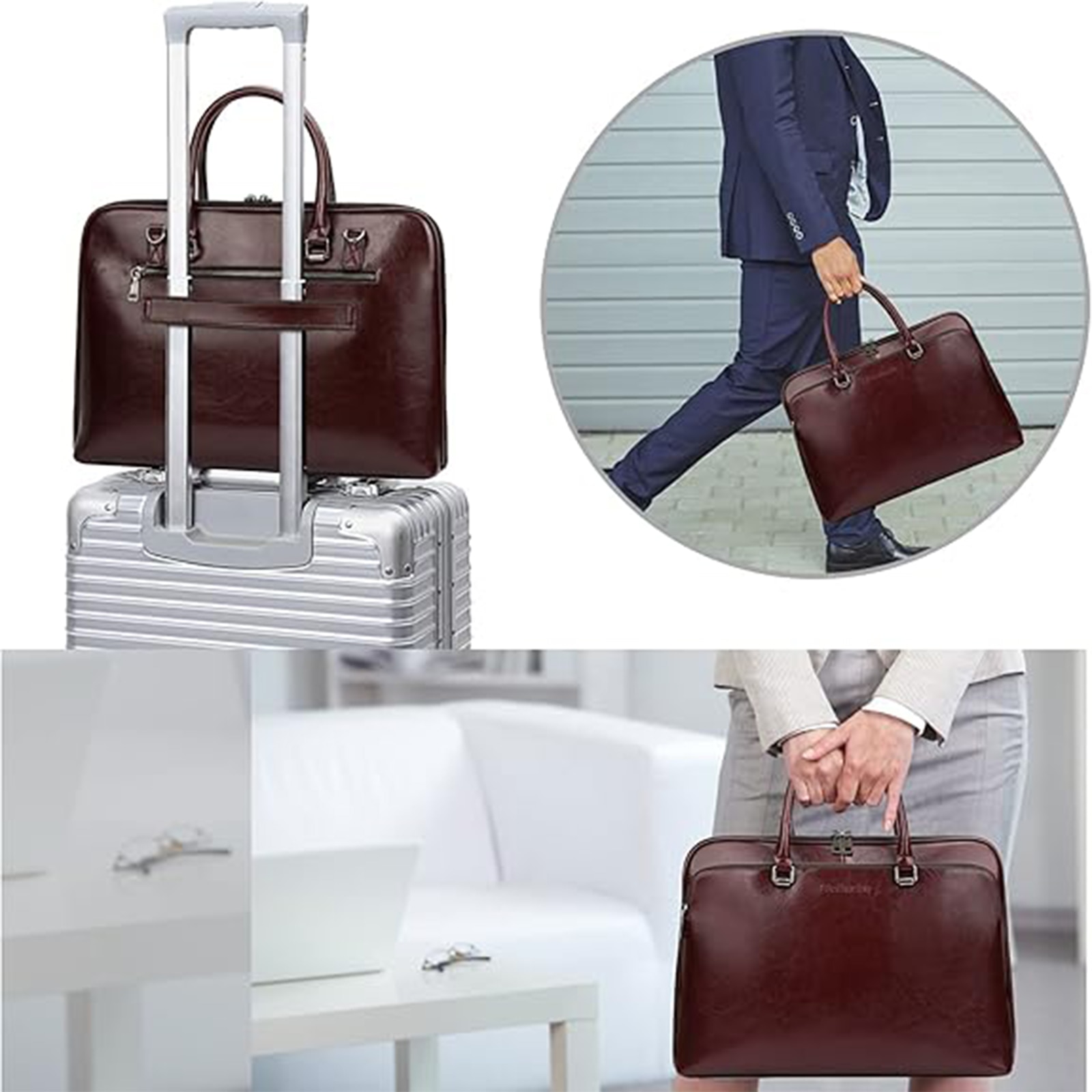 Geanta din Piele Naturala Maro Inchis pentru Laptop 15.6" MacBook, Geanta Eleganta de Birou Unisex, Geanta Crossbody Professionala Cu Multiple Buzunare