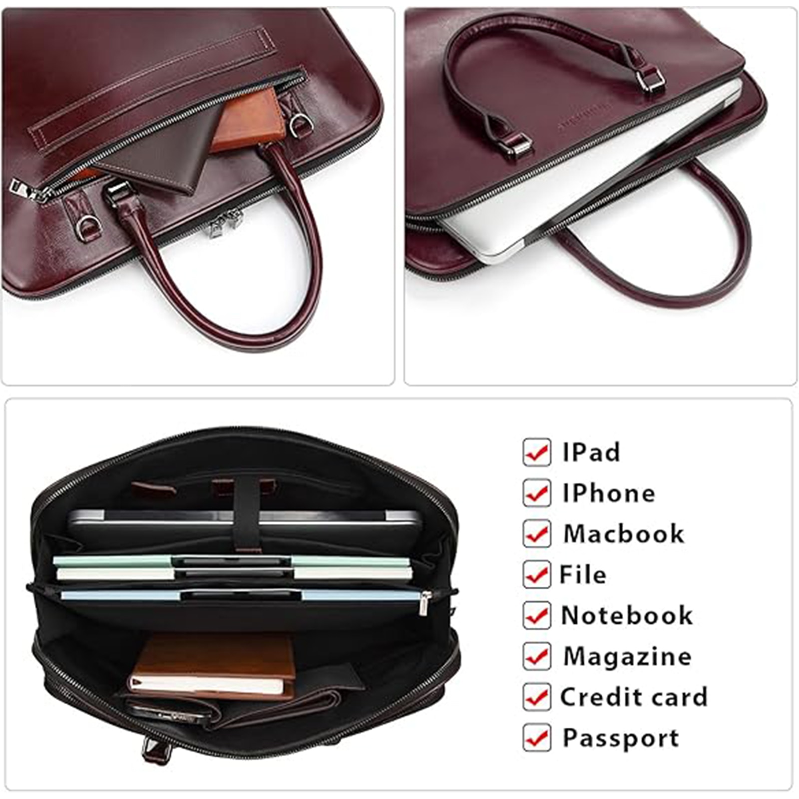 Geanta din Piele Naturala Maro Inchis pentru Laptop 15.6" MacBook, Geanta Eleganta de Birou Unisex, Geanta Crossbody Professionala Cu Multiple Buzunare