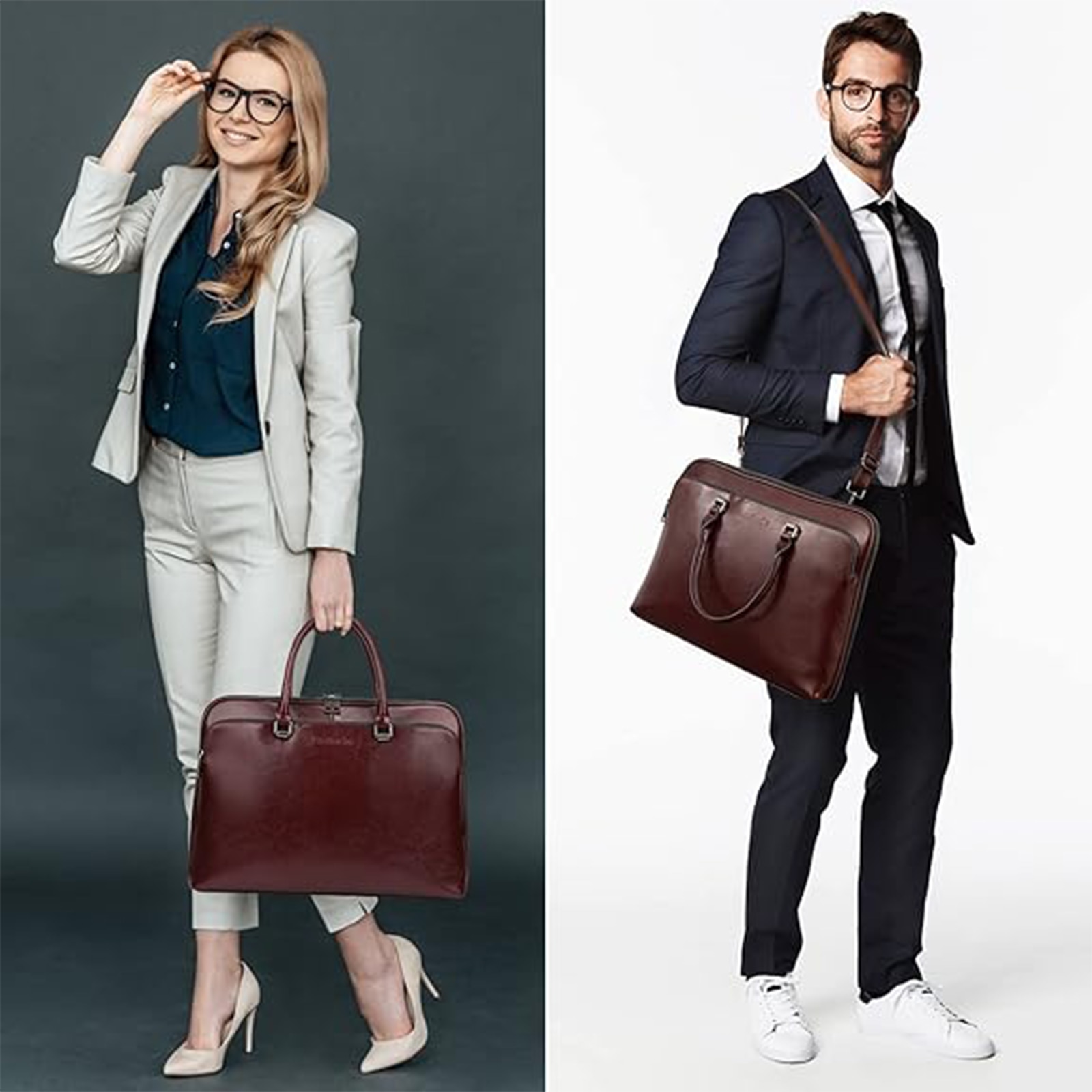 Geanta din Piele Naturala Maro Inchis pentru Laptop 15.6" MacBook, Geanta Eleganta de Birou Unisex, Geanta Crossbody Professionala Cu Multiple Buzunare