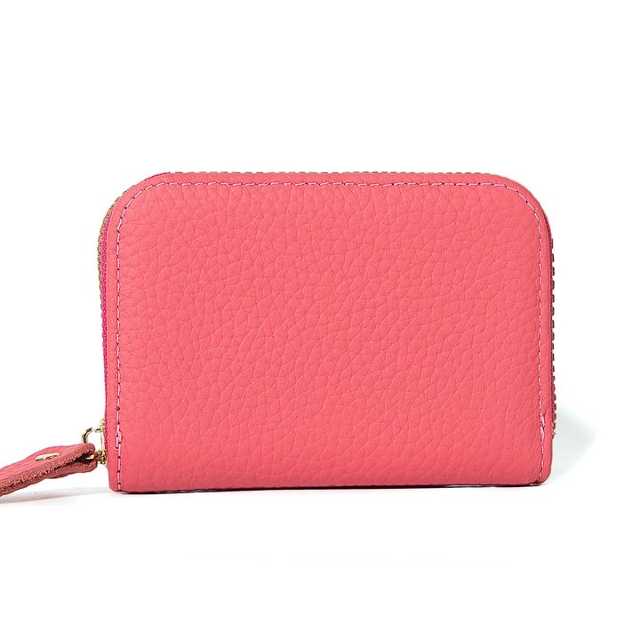 Portcard din Piele Naturala Roz Deschis cu Blocare RFID - Portofel Organizator Securizat pentru 11 Carduri, Buletin, Bani | Punga Mini Compacta cu Fermoar pentru Calatorii si Uz Zilnic