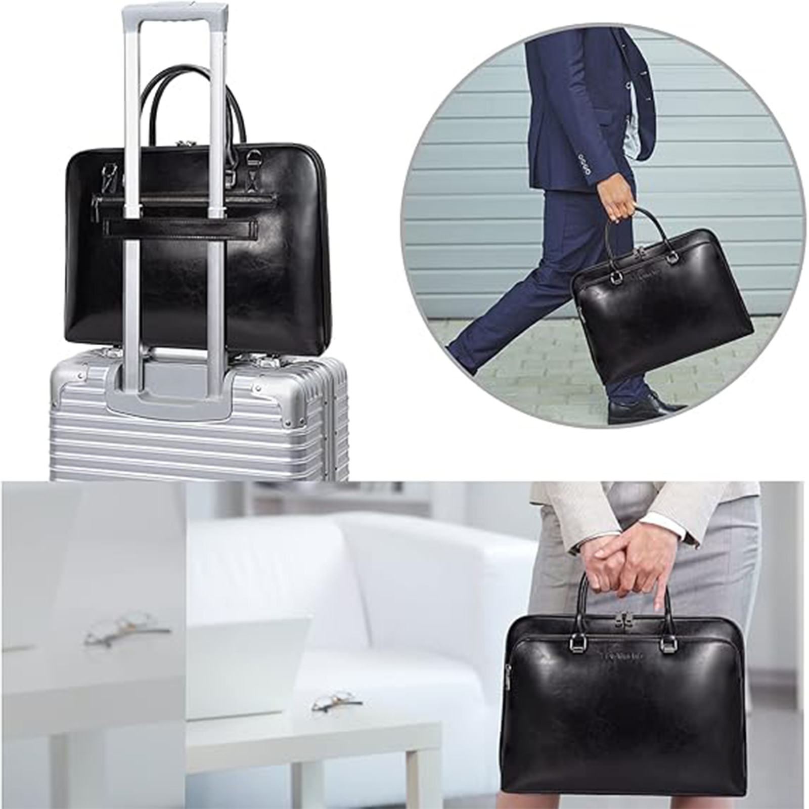Geanta Professionala din Piele Naturala pentru Laptop pana la 15.6", Geanta Messenger, Geanta Bizness Crossbody Cu Cureaua Reglabila si Manseta pentru Valiza, Negru