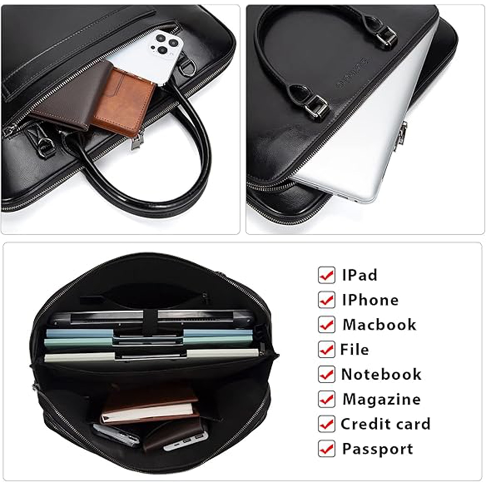 Geanta Professionala din Piele Naturala pentru Laptop pana la 15.6", Geanta Messenger, Geanta Bizness Crossbody Cu Cureaua Reglabila si Manseta pentru Valiza, Negru