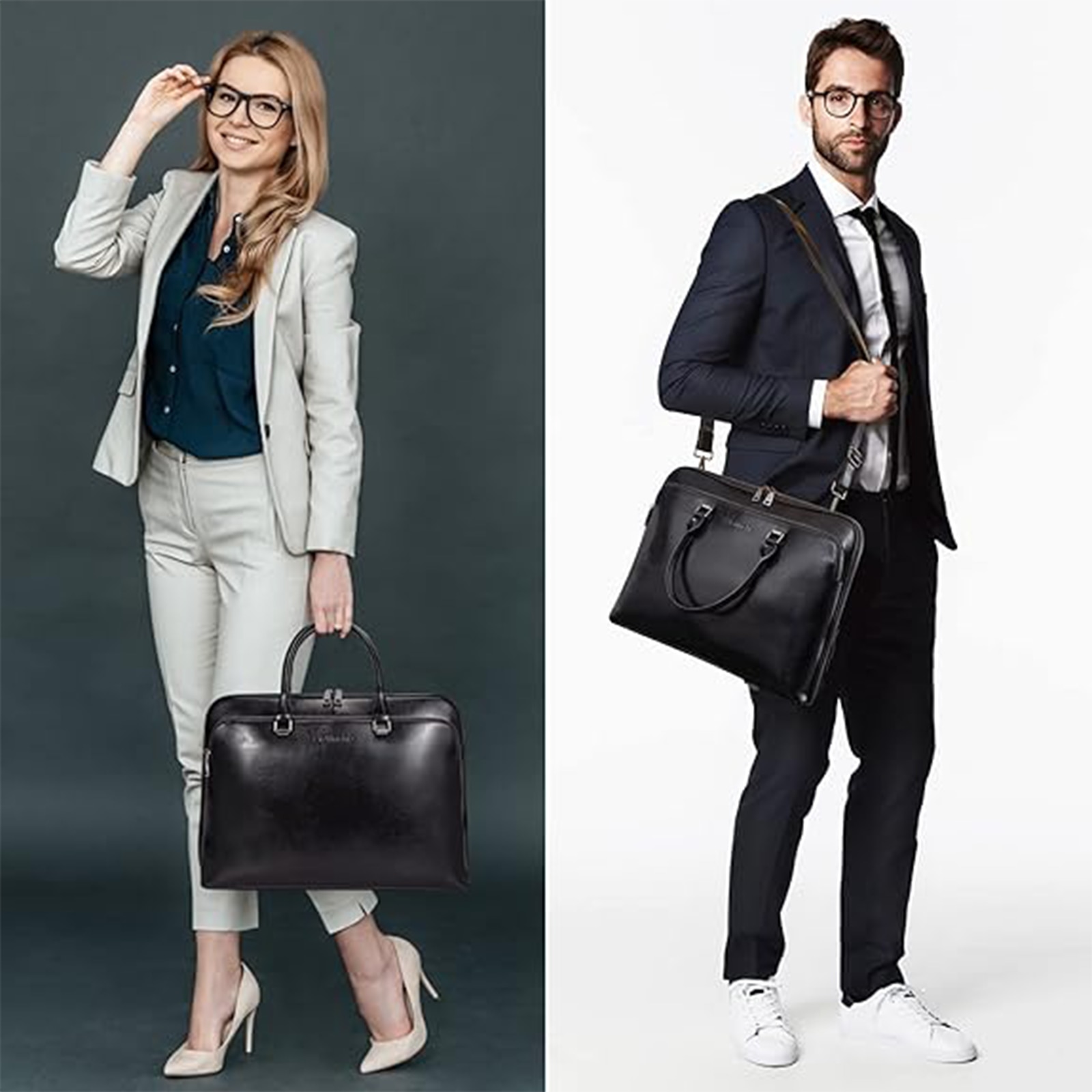Geanta Professionala din Piele Naturala pentru Laptop pana la 15.6", Geanta Messenger, Geanta Bizness Crossbody Cu Cureaua Reglabila si Manseta pentru Valiza, Negru