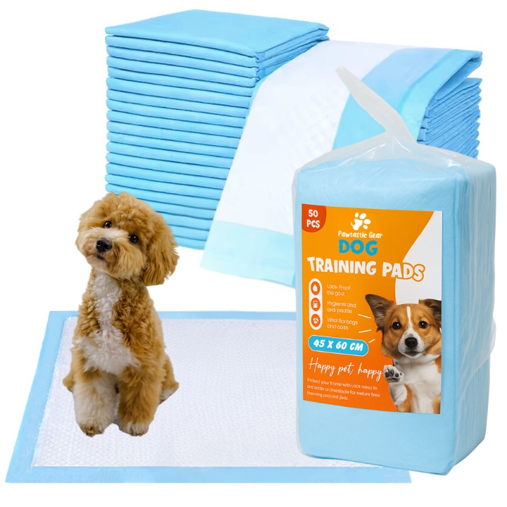Комплект от 50 абсорбиращи хигиенни подложки Pawtastic Gear за малки/средни кучета и котки, 60 x 45 см, със запечатани ръбове за предотвратяване на изтичане на течности, 5 слоя, водоустойчив долен слой, размер M, синьо и бяло
