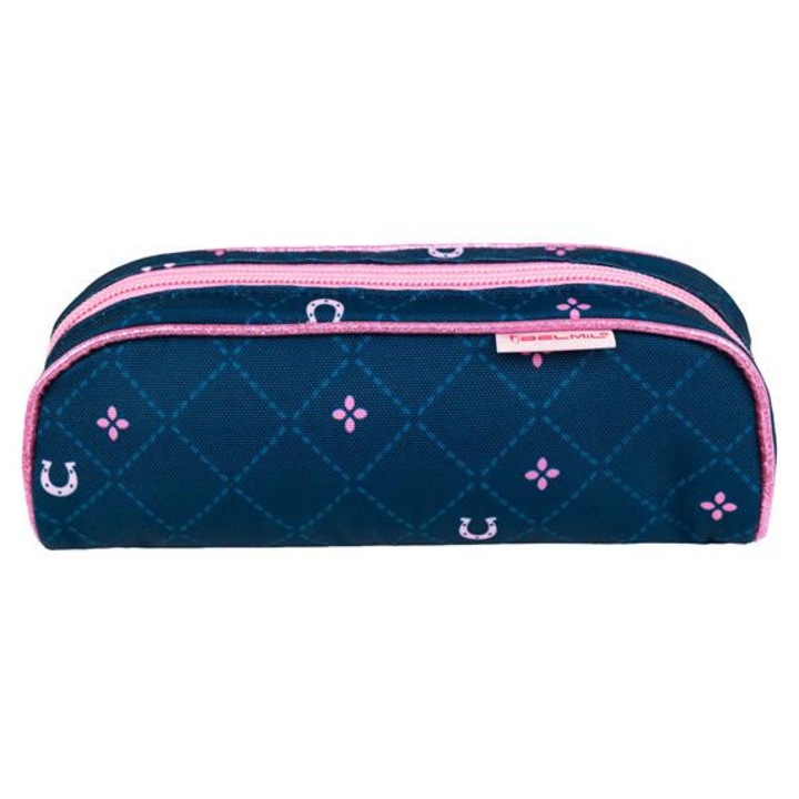 Tolltartó, henger alakú, cipzáras, BELMIL "Meet your Horses", kék, lovak