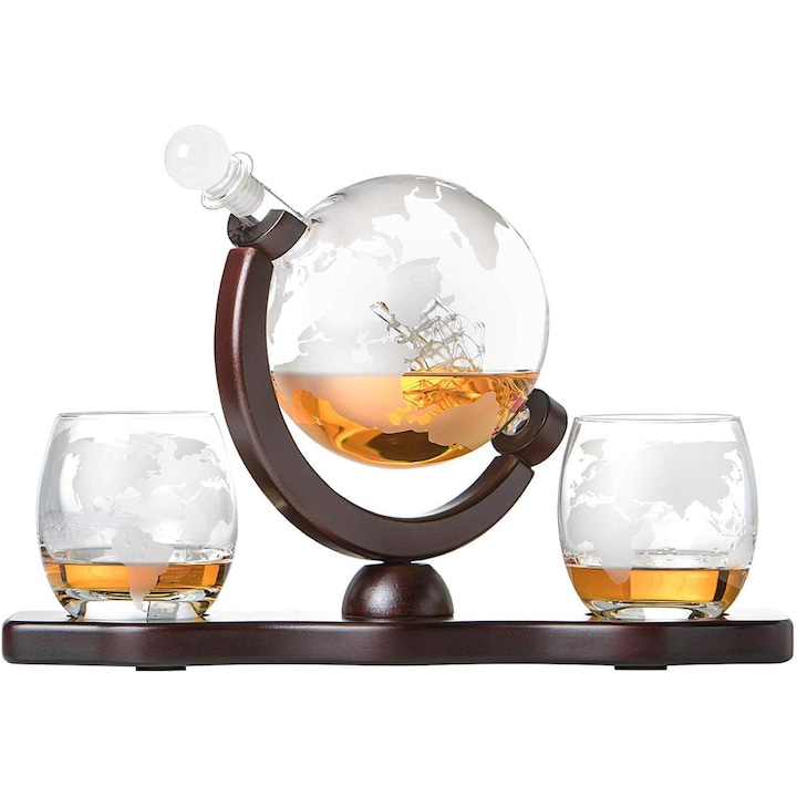 Set Decantor Whisky Globe Giftry, 850 ml, 2 pahare gravate, stativ lemn, transparent