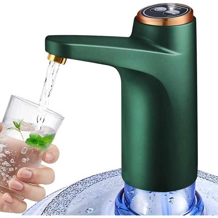 Електрическа помпа за бутилка за вода, преносима, с основа, 1200 mAh батерия, USB зареждане, за дома, офиса, къмпинг, зелена