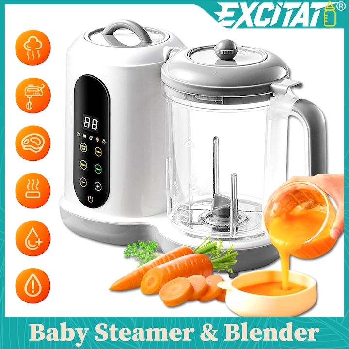 Aparat de gatit cu aburi si blender pentru bebelusi, Excitat®, multifunctional, Alarma LED anti-fierbere uscata, Usor de folosit si de curatat, Incalzire si sterilizare biberonelor, operare flexibila, Mixare puternica, 220V, 31x13x20.3 cm, Alb