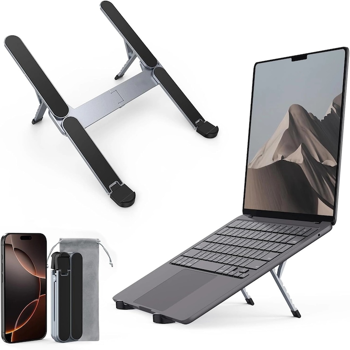Suport pentru Laptop pliabil, Ultracompact si portabil, Din Aluminiu, inaltime reglabila pe 6 niveluri, Geanta de depozitare inclusa, Standuri pentru laptopuri de 10-16", Gri