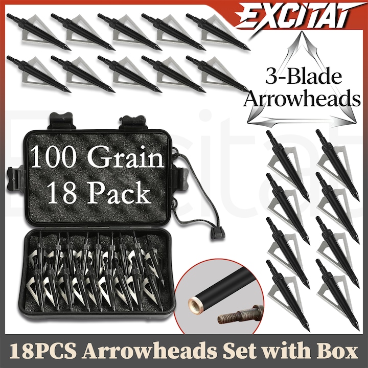 Комплект 18 аксесоара за стрелба с лък, Excitat®, върхове с 3 остриета, анодизиран алуминий, неръждаема стомана, кутия за съхранение
