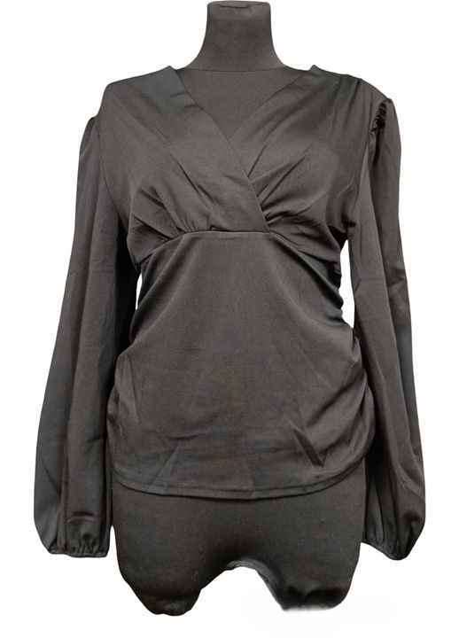 Bluza dama, cu volane, decolteu in V, eleganta, poliester/elastan, negru, XL INTL