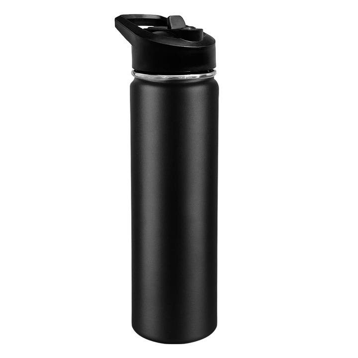 Изолирана бутилка за вода със сламка, метална термо бутилка от неръждаема стомана, за къмпинг, спорт на закрито, 750 мл, черна