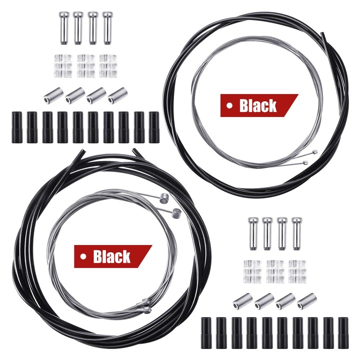 Set cablu de frana si schimbator universal pentru bicicleta, Axroad Mall, Set cablu pentru frana bicicleta si deraior cu camasa, Cu 8 capetele de cablu, Pentru trekking, road si e-bike, Negru/Argintiu, 2m, 2.5m, Otel Inoxidabil