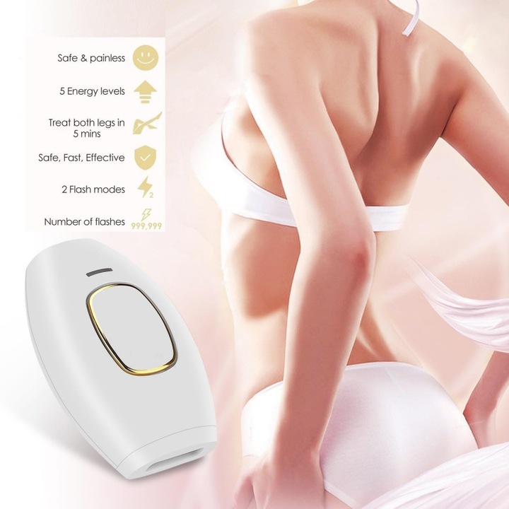 Epilator IPL pentru Epilare Permanenta Acasa, 5 Niveluri de Intensitate, Tehnologie Lumina Pulsata, Fara Durere, pentru Fata, Axile, Picioare si Corp, pentru Femei si Barbati, Alb