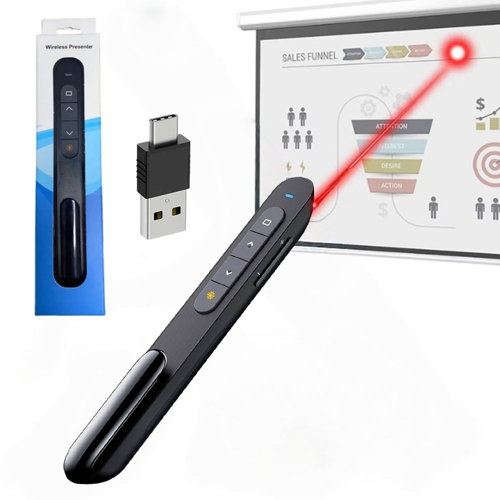 Prezentator Wireless 2.4GHz - Laser Rosu, Control PPT/Mouse Aerian, USB-C/USB, 10m, Reincarcabil, Negru