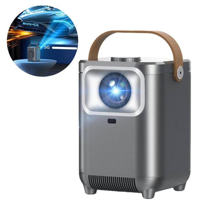 Proiector Portabil 1080P - Focalizare Automata, Corectie Trapez ±40°, WiFi 5G/Bluetooth 5.3, 15600mAh, 200 Inch
