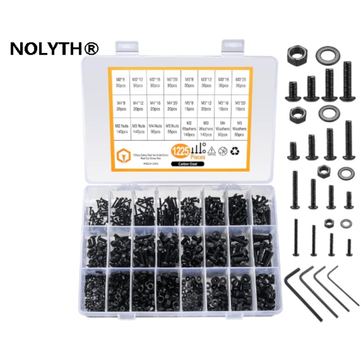 Set 1225 suruburi hexagonale, pentru decoratiuni interioare, automobile, M2 M3 M4 M5, cutie de depozitare transparenta pentru acces usor, Negru