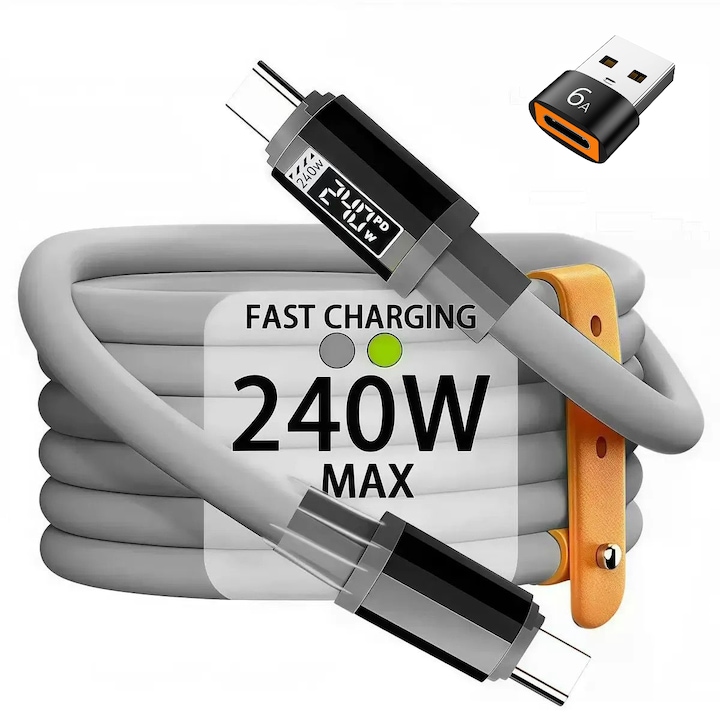 TechEeee Set 240W Cablu USB C, Cablu de Incarcare Rapida Durabil, Cablu din Silicon Gros, USB C la USB C 1, 5 m si USB A la USB C, Compatibil cu iPhone 15/16, Samsung Galaxy, Gri