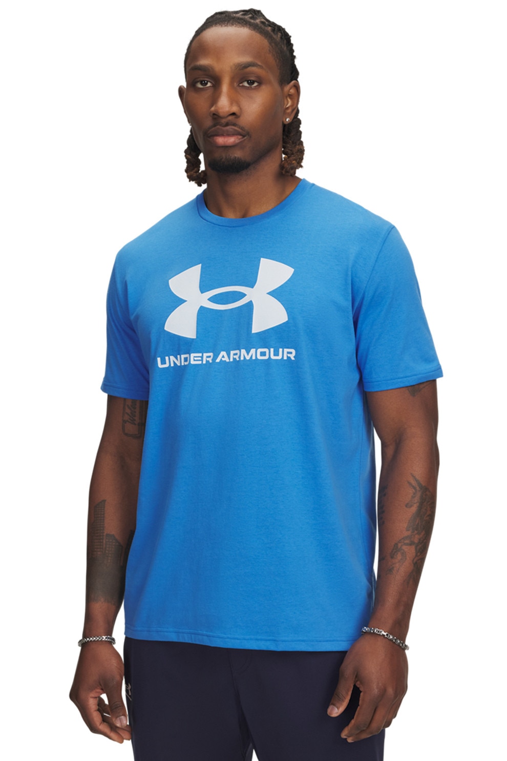Under Armour, Tricou lejer cu imprimeu logo, Albastru pastel, Alb optic, S