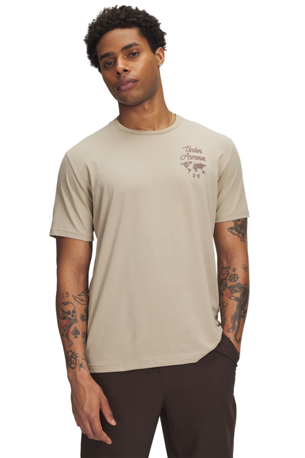 Under Armour, Tricou cu logo si imprimeu pe spate Sports, Bej, L