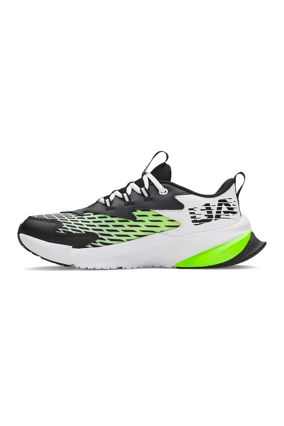 Under Armour, Pantofi Scramjet de piele cu garnituri din material textil, pentru alergare, Negru, Verde electric, Alb optic, 37.5 EU
