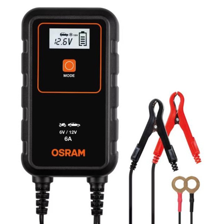 Incarcator pentru baterie auto OSRAM Battery Charge 906 OEBCS906, 6/12V, curent de incarcare 6 A, lungime cablu 1.5 m, compatibil cu sistemul Start/Stop