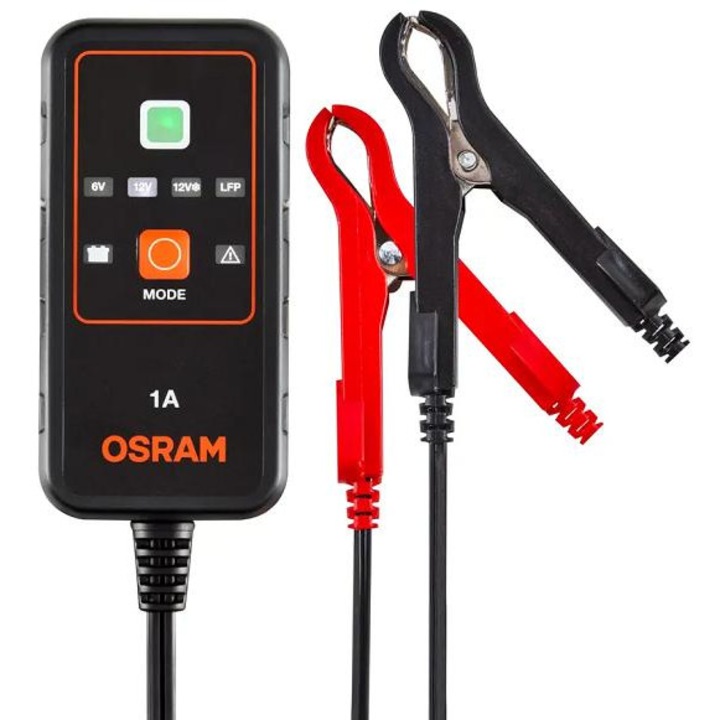 Incarcator auto OSRAM Battery Charge 901 OEBCS901, 6/12V, curent de incarcare 1 A, cablu de 1.25 m, compatibil cu sistemul Start/Stop