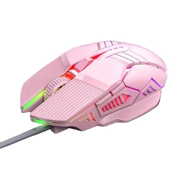 Mouse de gaming S800, ergonomic, iluminare in sapte culori, 4 niveluri DPI, roz, versiune cu sunet