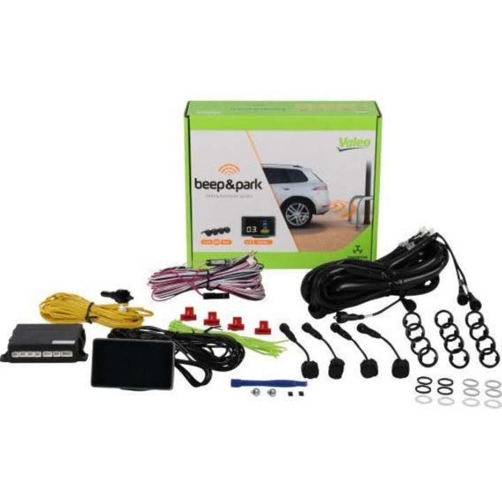 Set 4 senzori parcare cu alarma sonora VALEO 632201, 12V, instalare fata/spate, ecran LCD, compatibil cu vehicule dotate cu carlig de remorcare