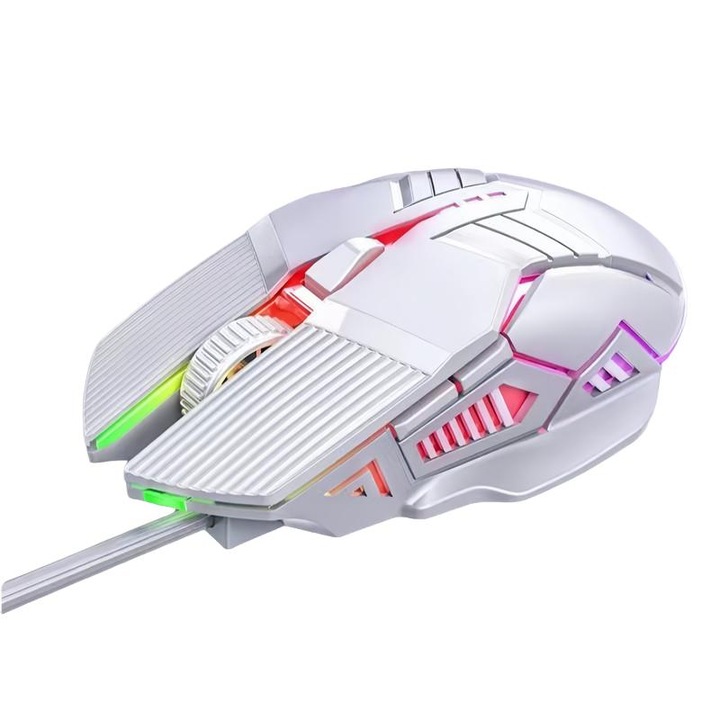 Mouse gaming ergonomic S800, 6D, iluminare multicolor, 3200DPI, alb, silentios
