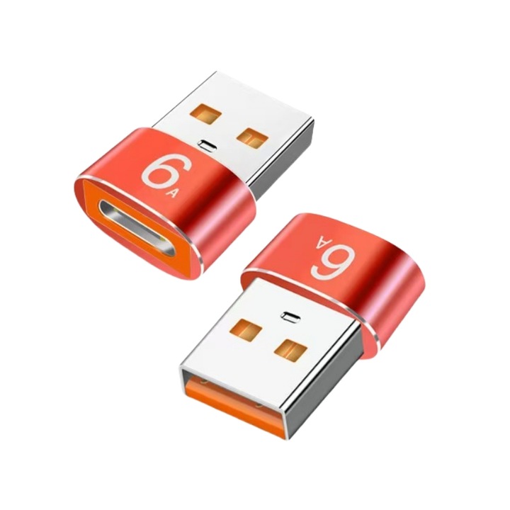 Set 2 buc, adaptor USB-A la Type-C aluminiu, viteza mare, Rosu, 6A, compact, USB 3.1 Gen 1