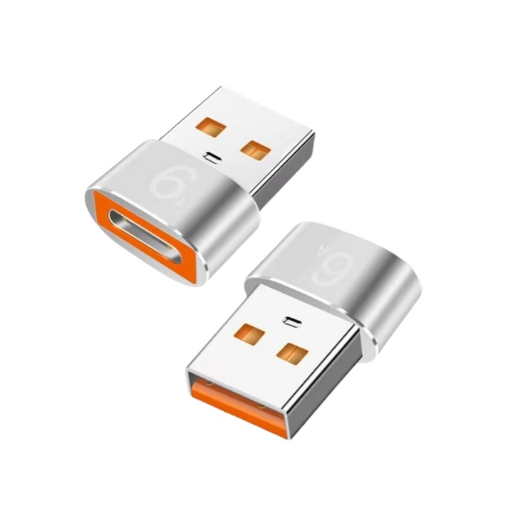 Set de 2 bucati, adaptor USB-A la Type-C, Argintiu, compact, 6A, USB 3.1 Gen 1