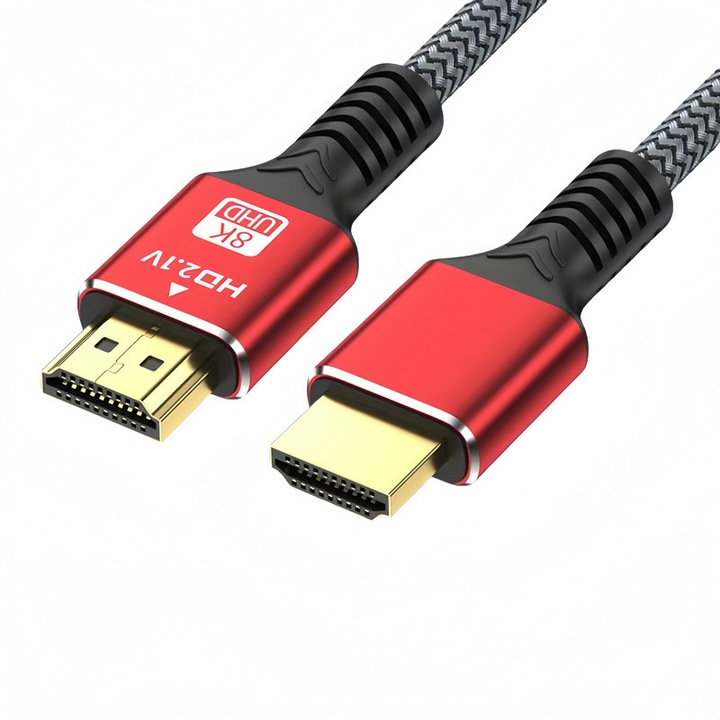 HDMI 2.1 videokábel, 8K 60Hz, 1 méter, piros és fekete design, kopásálló