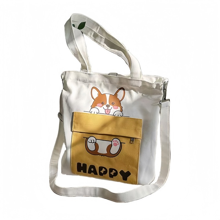 Női bevásárlótáska, vászon, aprólékosan elkészítve, tiszta mintanyomtatás, aranyos és divatos, használható iskolába és munkába, viselhető vállon vagy keresztben, Fehér, 35 x 34 CM