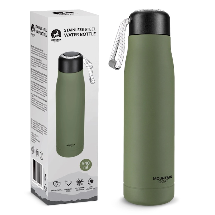 Sticla termoizolanta, Mountain Goat, 540 ml, otel inoxidabil cu perete dublu, design minimalist, strat antiderapant, snur practic pentru transport si fixare, verde
