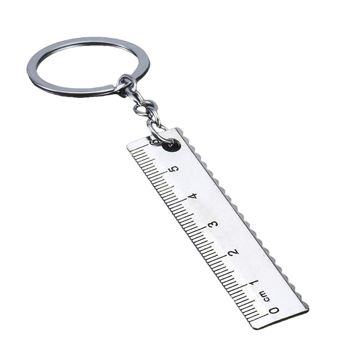 OEM Kulcstartó mini vonalzó, 2 darab, cink ötvözet, hurkos design, ezüst színű, kis méretek