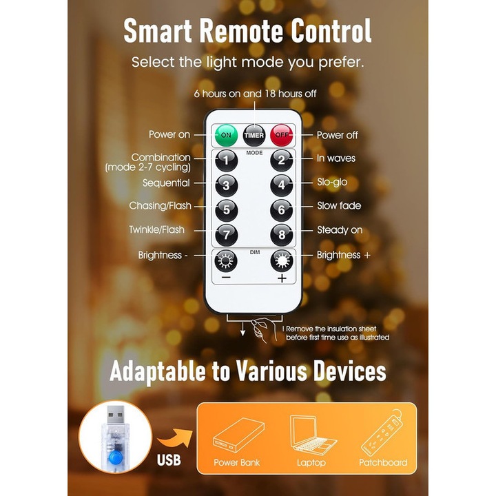 Instalatie de Craciun, 100 LED-uri, fir de cupru, 8 moduri de iluminare, cu telecomanda, 66FT