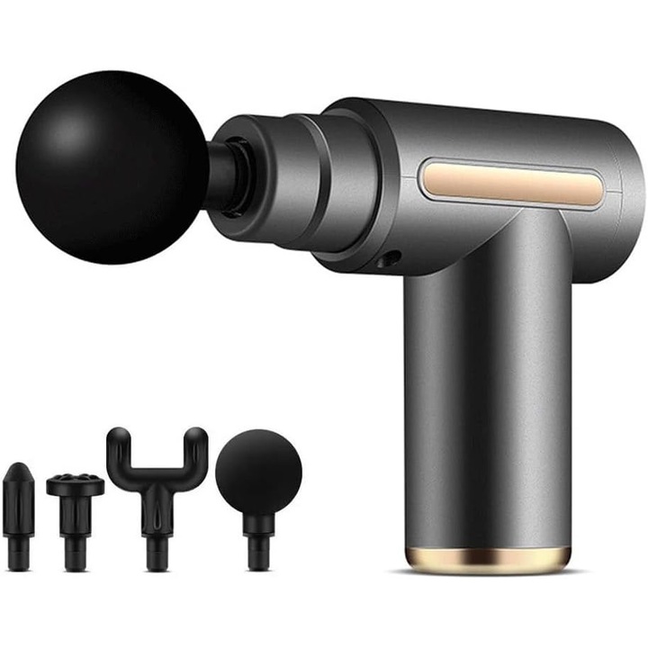 Преносим масажен пистолет, 4 масажни глави, 6 регулируеми скорости, компактен, сив