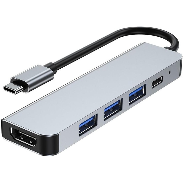 USB-C elosztó, 5 az 1-ben, 4K, Ezüst