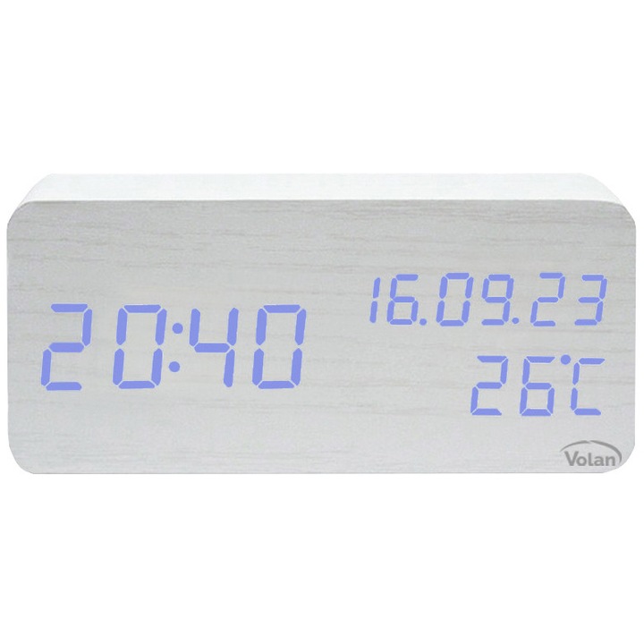 Ceas de Masa VOLAN Model 6137 din Lemn, Digital LED Modern, cu Alarma Programabila, Termometru, Afisare Data si Ziua Saptamanii, Senzor Sunet, 3 Niveluri de Luminozitate, Afisaj Albastru, Alimentare USB, Ideal Casa si Birou, 14.8x7 cm