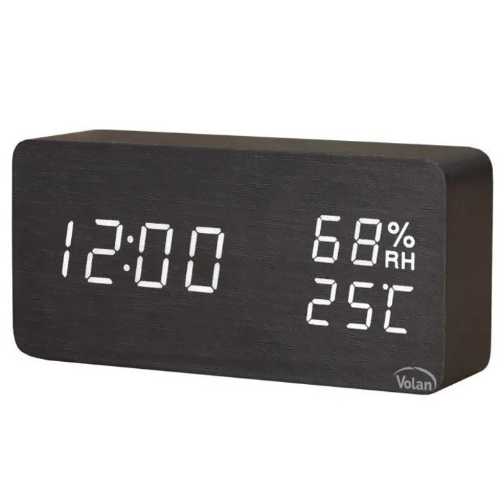 Ceas de Masa cu Alarma Digital LED VOLAN 1915, cu Higrometru Termometru Data, Display Alb in Lemn Negru, Functie de Sunet si 3 Nivele Luminozitate, Alimentare USB, Design Modern, 14.8x7 cm