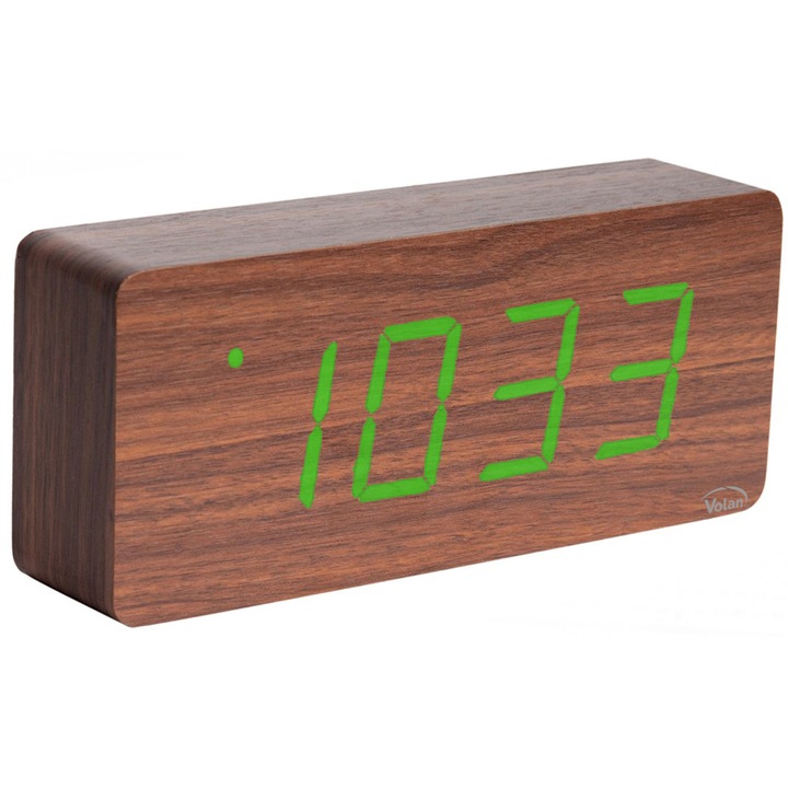 Ceas de Masa din lemn cu Alarma Modern LED, VOLAN, Mare, Digital, Termometru, Data, Alarma, 21cm x 9cm, Model 2860, Maro cu afisaj Verde