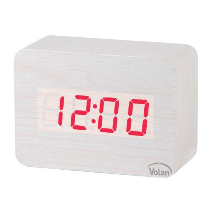 Ceas de Masa Digital LED VOLAN Model 6135 cu Alarma Termometru Data Senzor Sunet Design Modern Elegant Din Lemn Culoare Alb Afisaj Rosu Perfect pentru Birou Dormitor Living Acasa