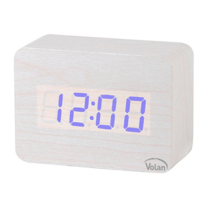 Ceas de masă cu alarmă, Volan, Model 6135, Digital, Alb cu afisaj albastru, 10x7cm