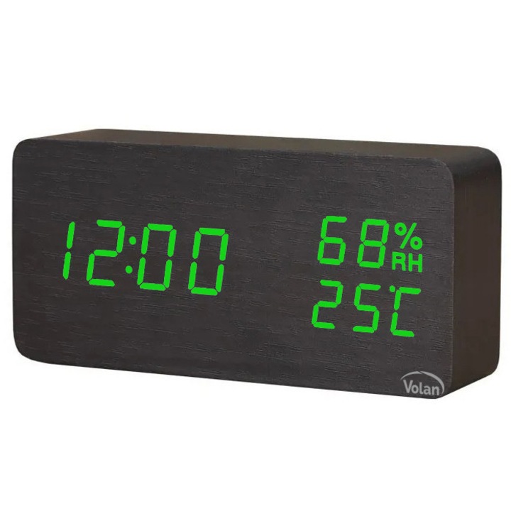 Ceas de Masa din lemn cu Alarma Modern LED, VOLAN, Digital, Higrometru, Termometru, Data, Alarma, 14,8cm x 7cm, Model 1915, Negru cu afisaj Verde