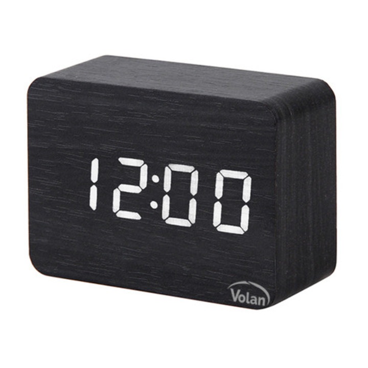 Ceas de Masa Digital VOLAN Model 6135, Modern LED, din Lemn, cu Alarma, Termometru si Data, Functie Senzor de Sunet, Afisaj Alb, Negru, Elegant, Multifunctional, Ideal Birou Dormitor