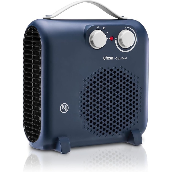 Ufesa Crux Dual Blue – Alacsony fogyasztású elektromos ventilátoros fűtőtest, 2000 W, 3 teljesítményszint, állítható termosztát, ventilátor hordozófogantyúval