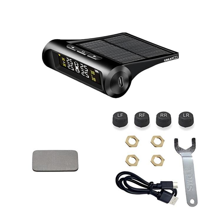 Kit Monitorizare Presiune Aer Roti Auto, GREATON, cu Senzori Externi, Afisaj LCD, Incarcare Solara, Negru